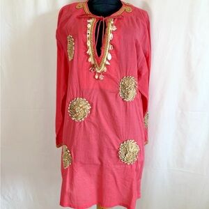 Barbara Gerwit Coral Tunic with Shell Trim and Rope Rounds - size Extra Large